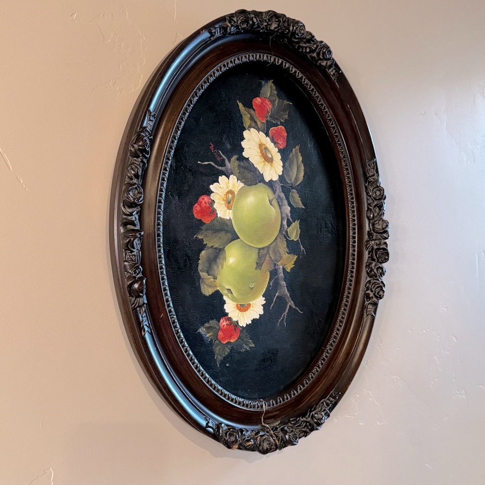 Vintage Ornate Oval Framed Original Oil Painting Apple Strawberry Fruit Floral - Picture 9 of 17